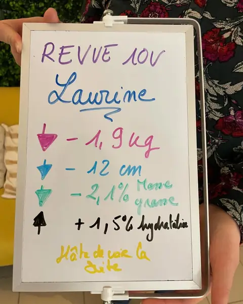 Une membre d’Aloha Nutriclub avec l’ardoise de son bilan
