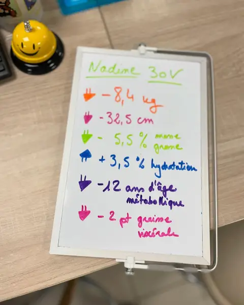 Une membre d’Aloha Nutriclub avec l’ardoise de son bilan
