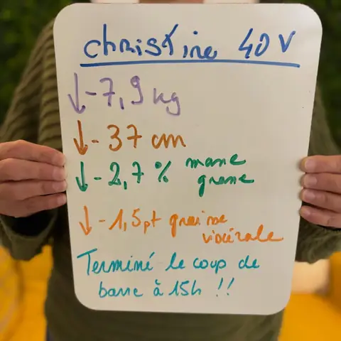 Une membre brandit une ardoise blanche où figure son bilan, au club