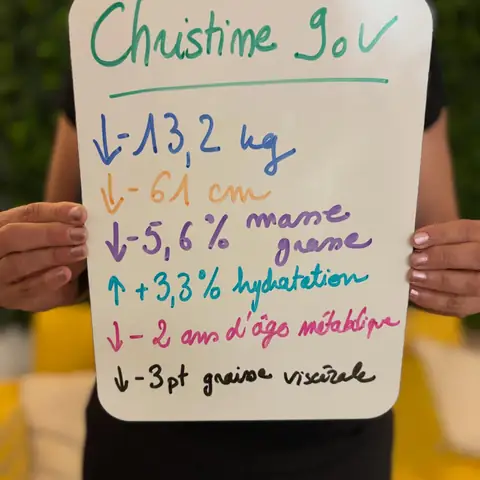 Une membre brandit une ardoise blanche où figure son bilan, au club