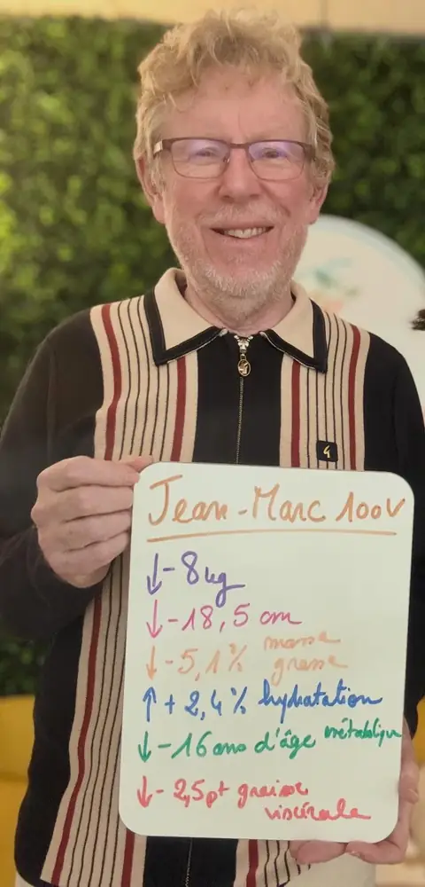Au club, un membre ravi brandit son ardoise de bilan