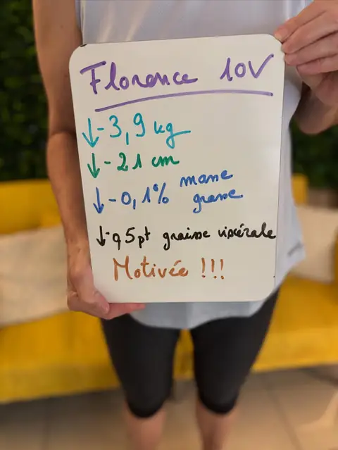 Une membre brandit une ardoise blanche où figure son bilan, au club