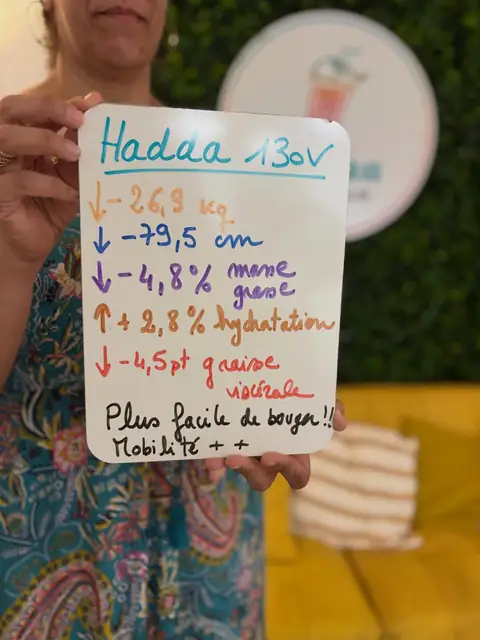 Une membre d’Aloha Nutriclub avec l’ardoise de son bilan